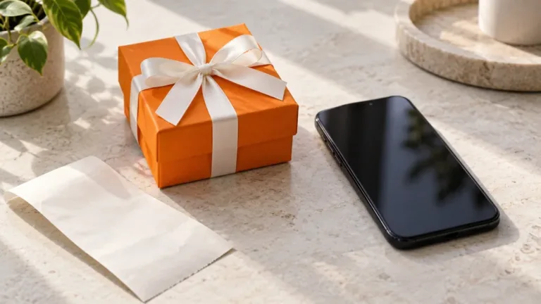 Orange gift box beside a smartphone and blank receipt, illustrating a gift-with-purchase offer
