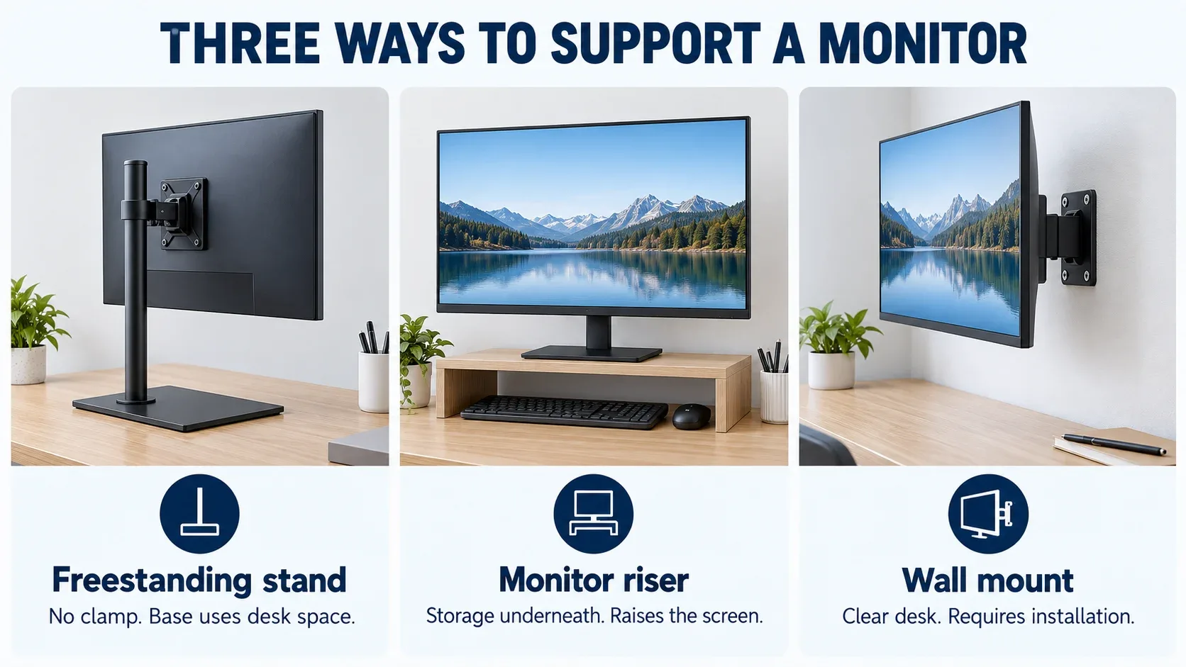 Three monitor arm alternatives: freestanding stand, open riser and wall mount