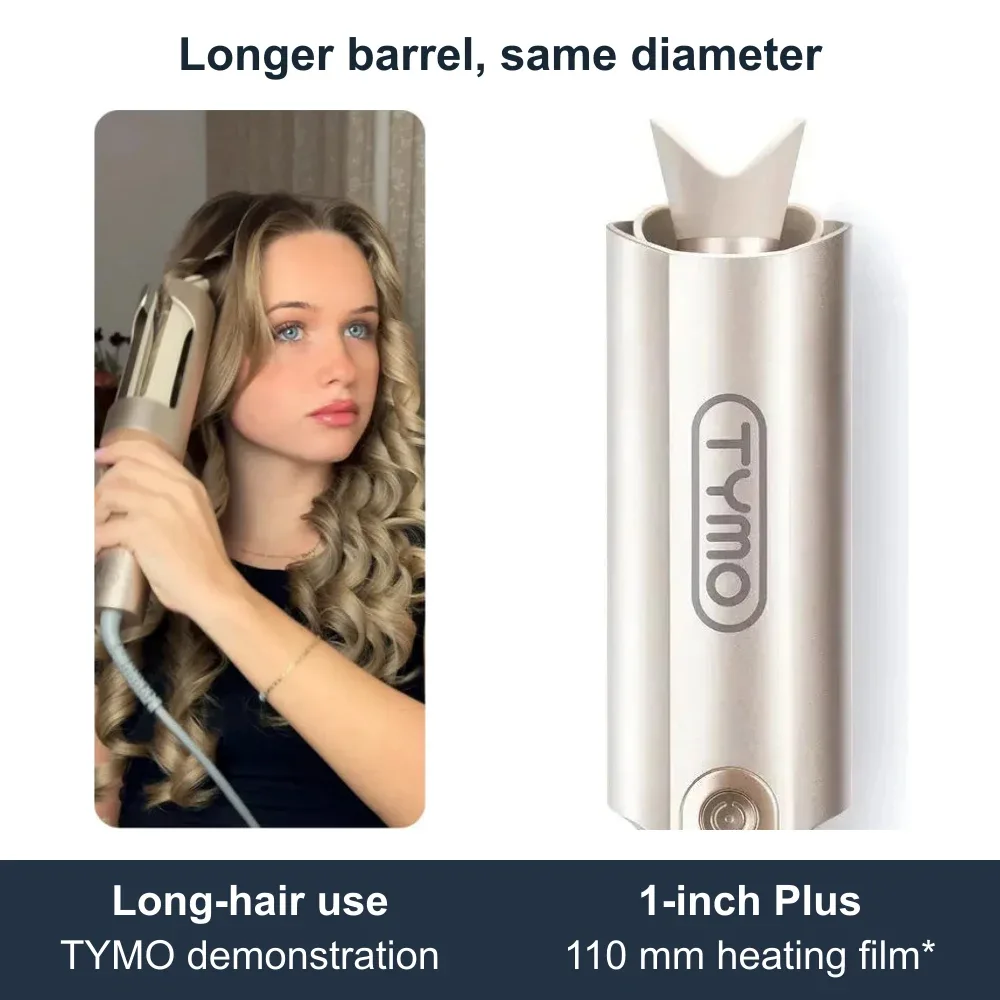 TYMO demonstration of CurlPro Plus on long hair beside a close-up of its 1-inch curling chamber