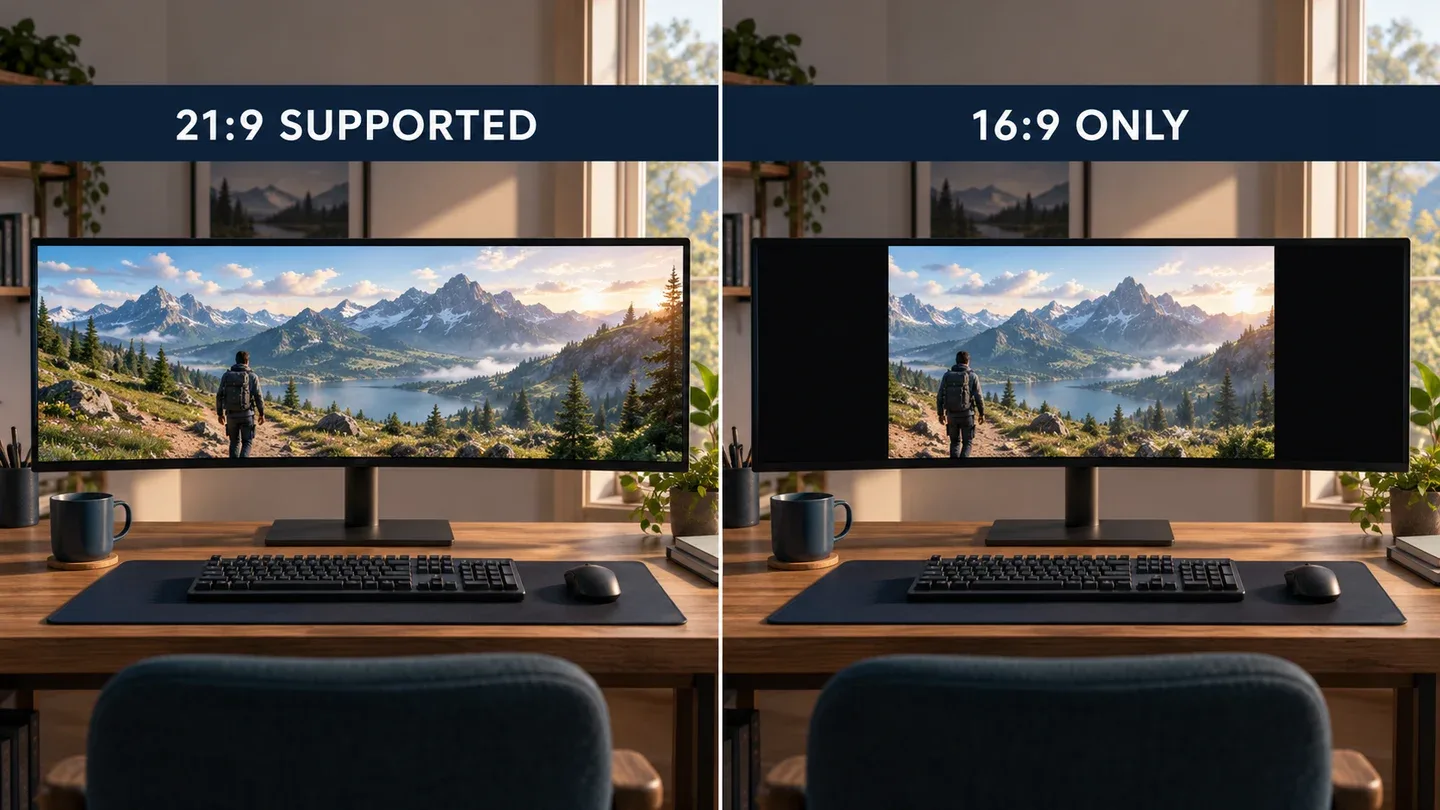 Illustration of a full-width 21:9 game view and a centered 16:9 view with side bars on generic ultrawide monitors