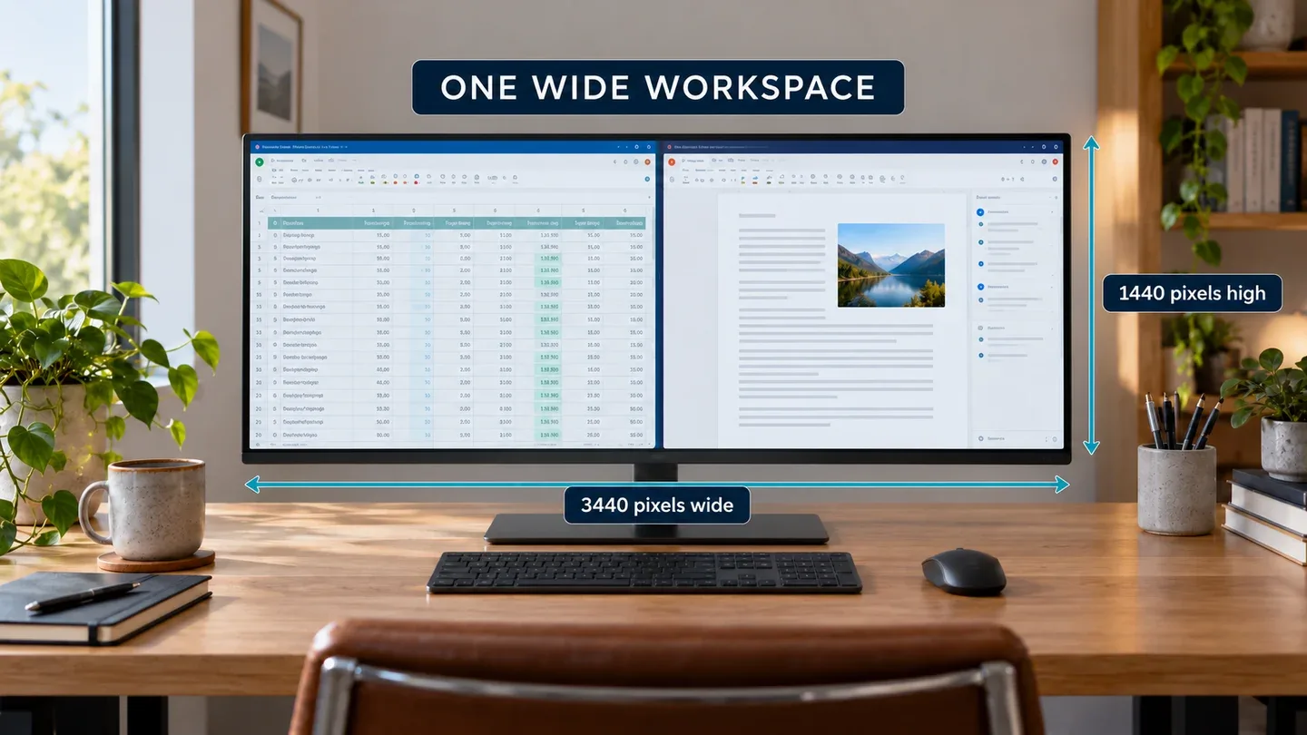 Illustration of two work windows on one 3440 by 1440 ultrawide desktop