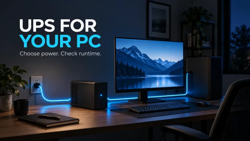 UPS for PC battery backup illustration in a home office during a power outage.