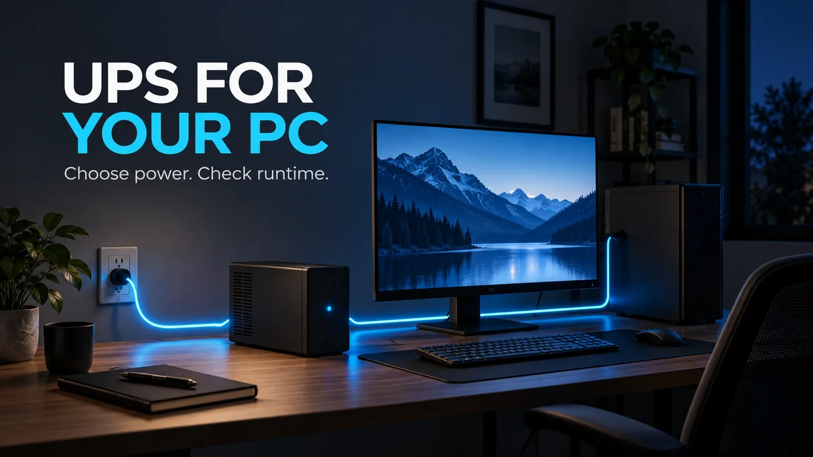 UPS for PC battery backup illustration in a home office during a power outage.