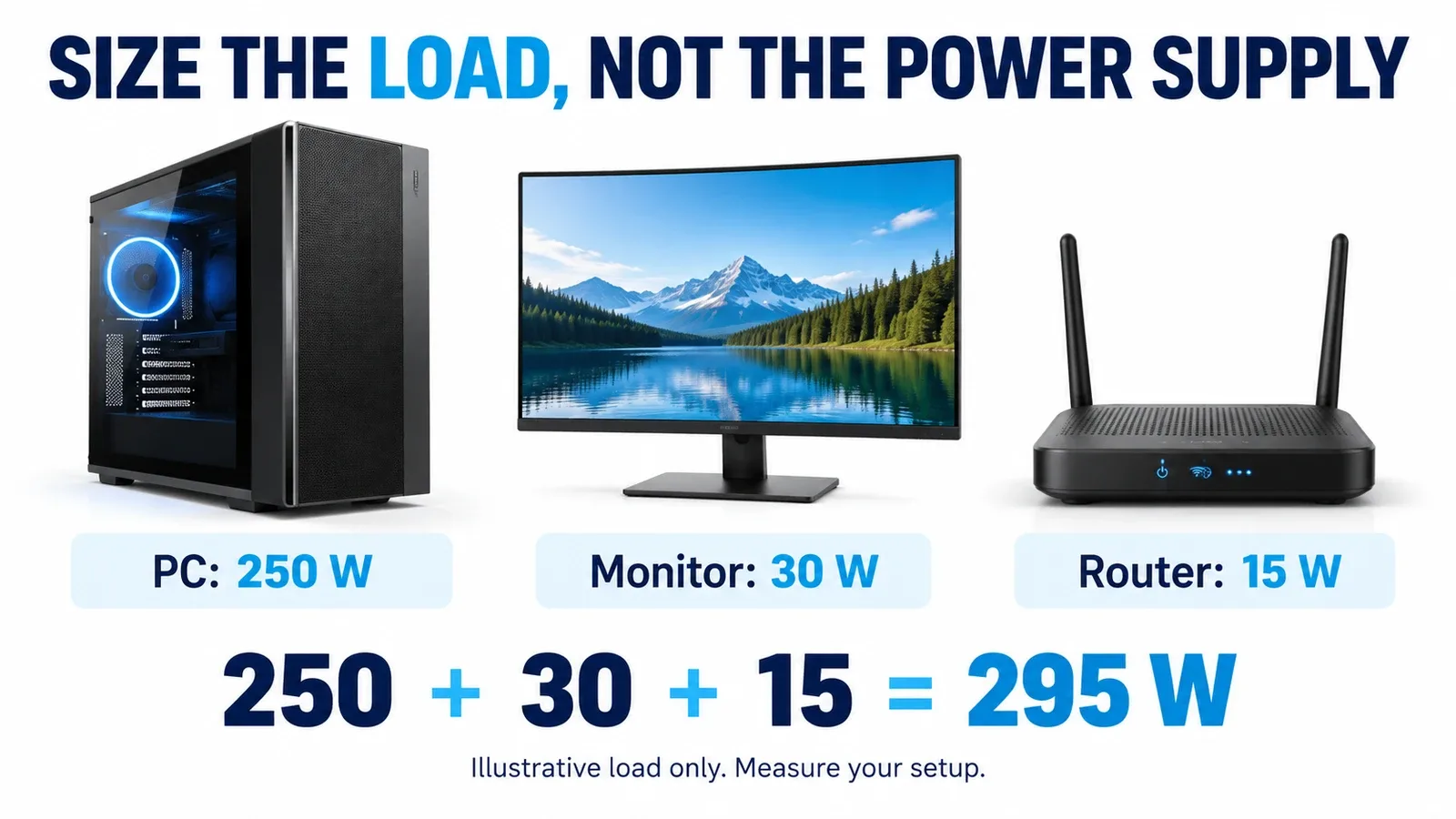 Illustrative UPS load calculation: 250W PC plus 30W monitor plus 15W router equals 295W.