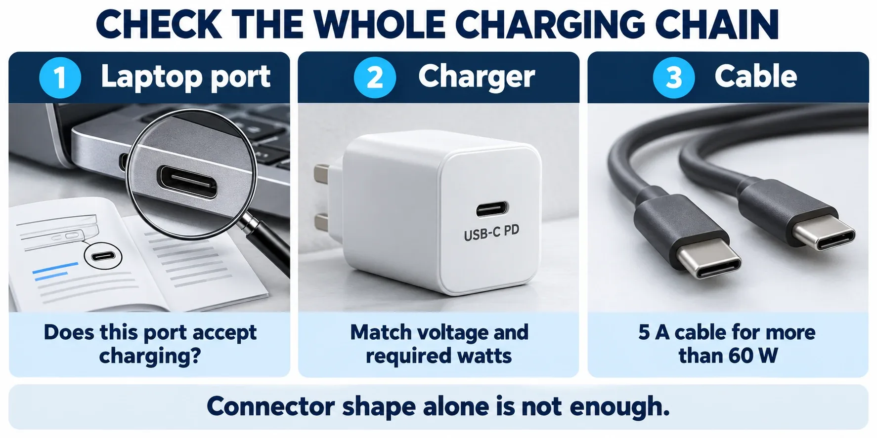 Diagram showing laptop charging-port compatibility, USB PD charger output and 5A cable requirements