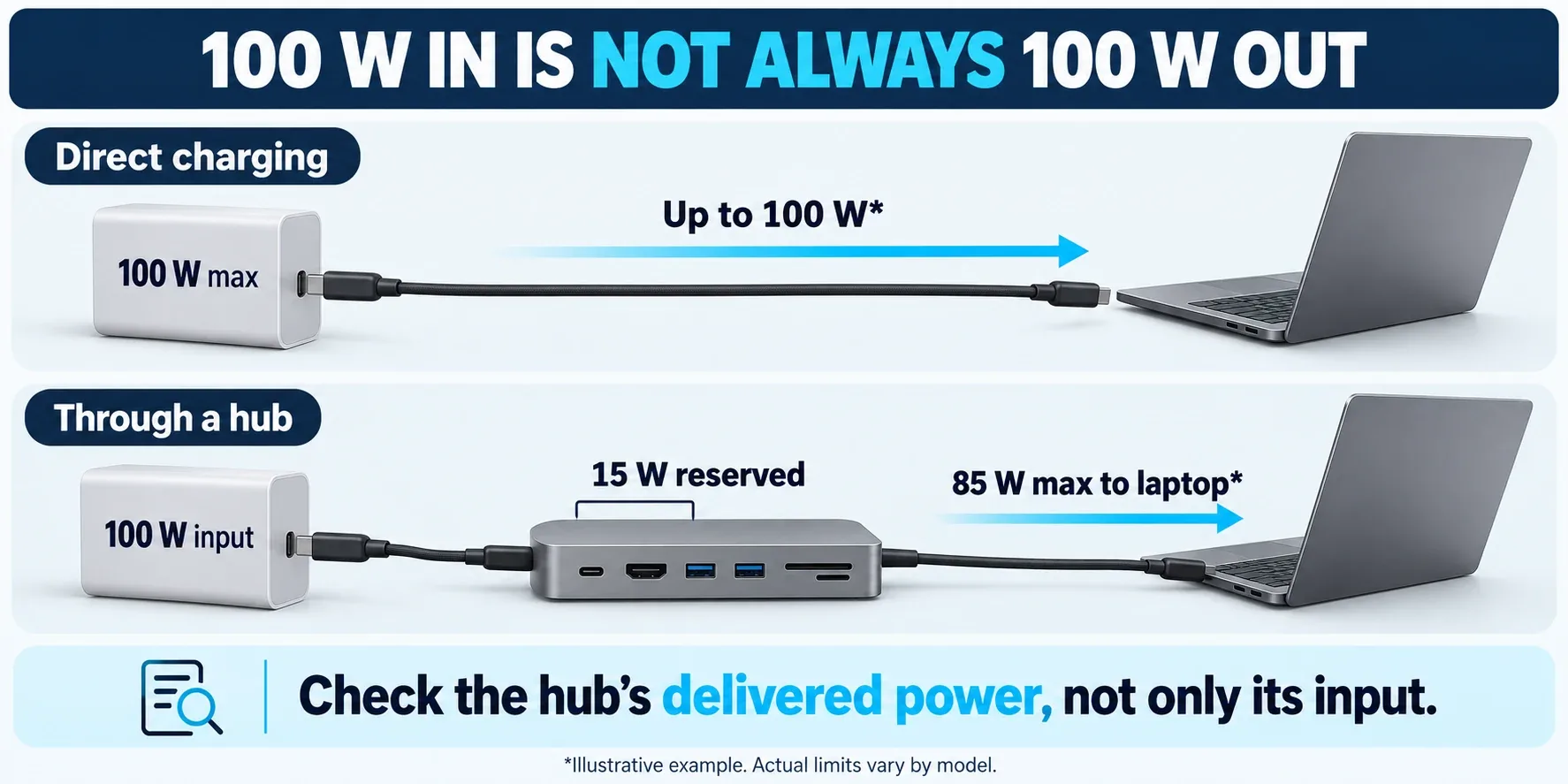 Diagram comparing direct 100W charging with an illustrative hub delivering up to 85W