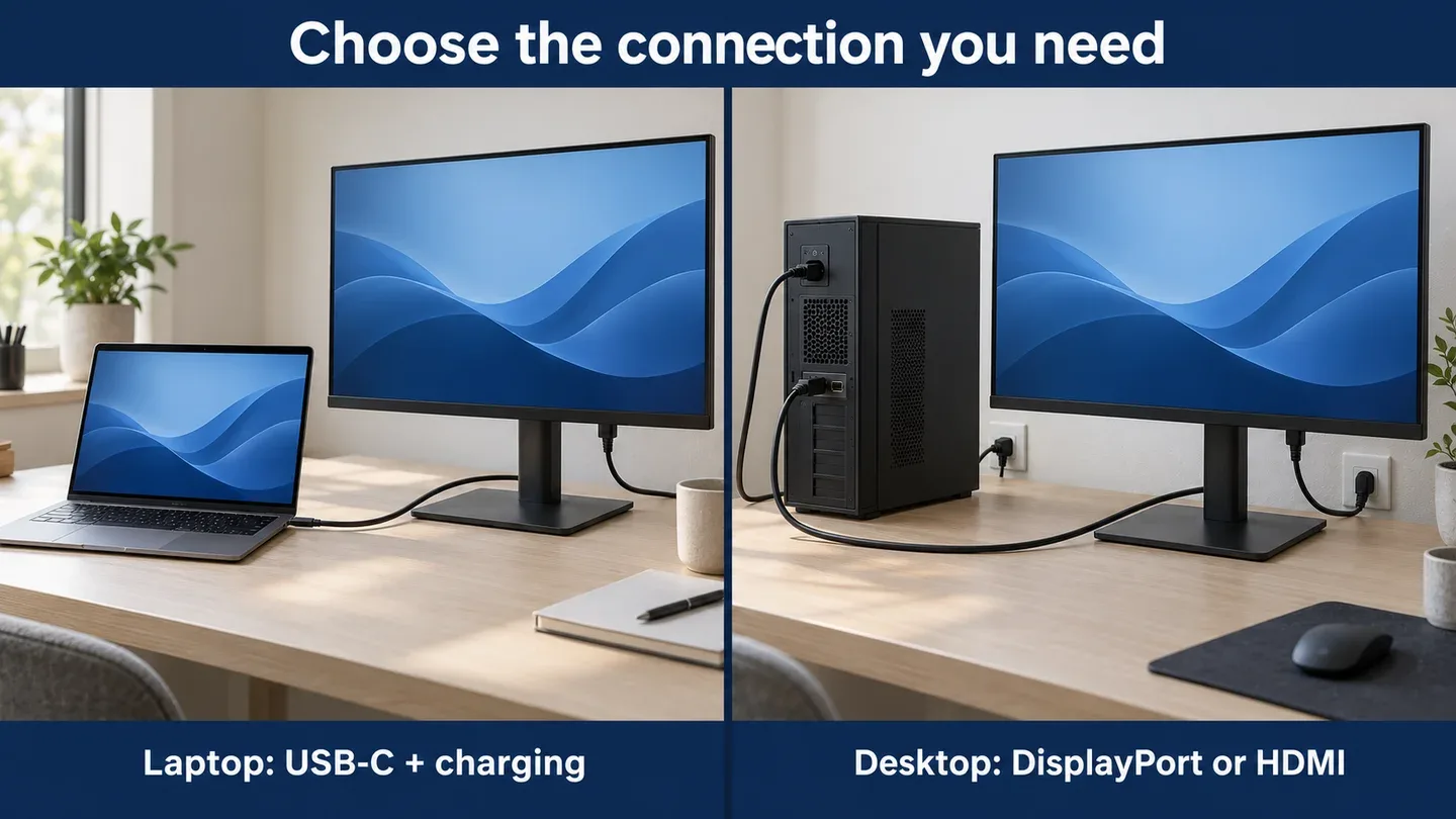 Illustration comparing a laptop connected by USB-C with a desktop connected to an external monitor