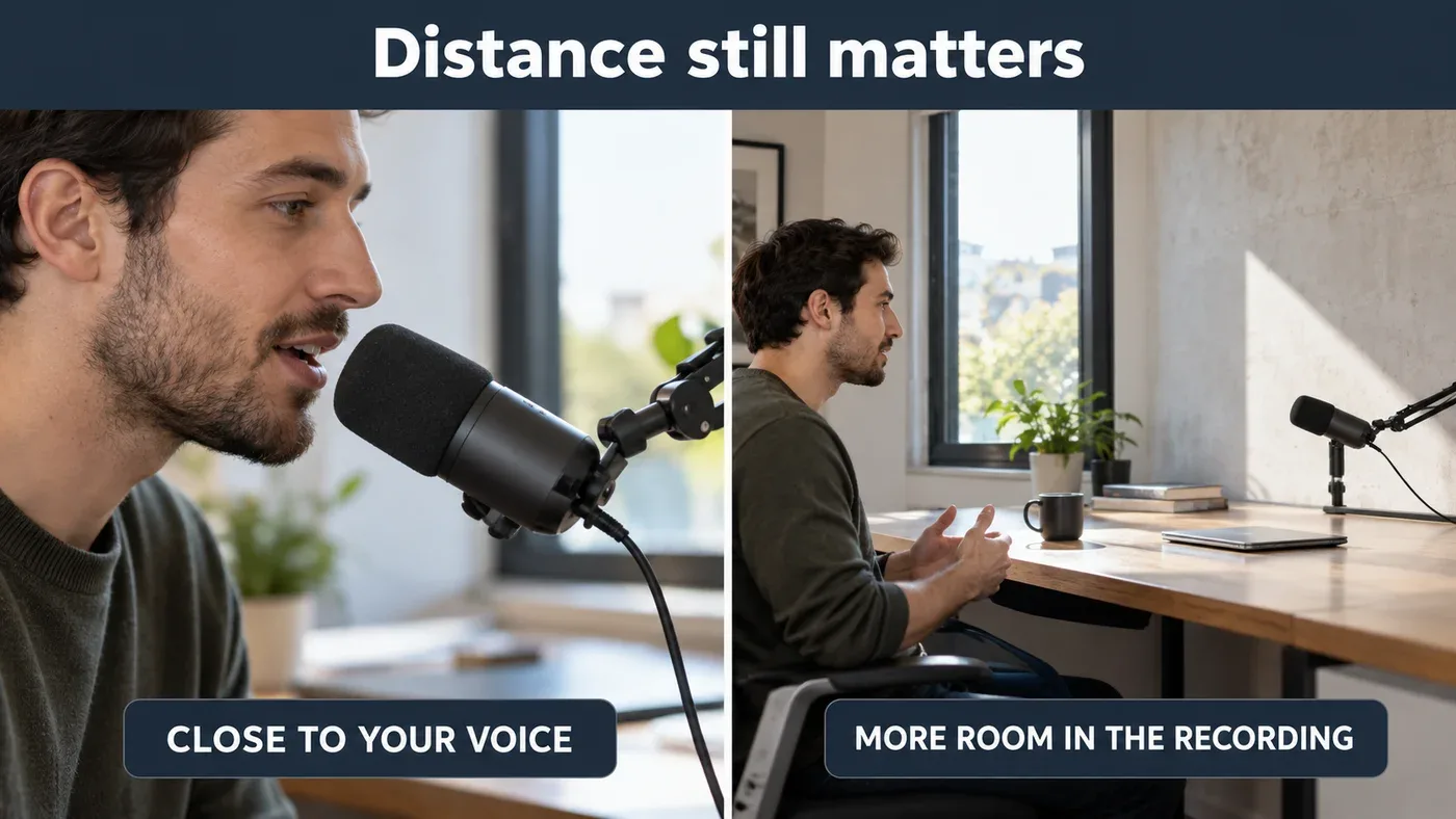 Illustration comparing a speaker close to a generic USB microphone with a microphone farther across the desk