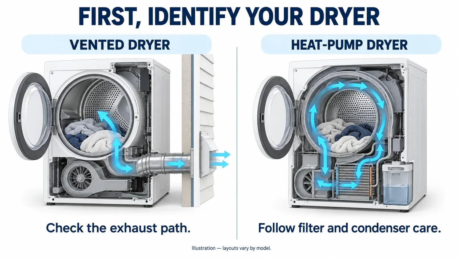 Illustration comparing outdoor exhaust on a vented dryer with the internal moisture-removal loop of a heat-pump dryer.
