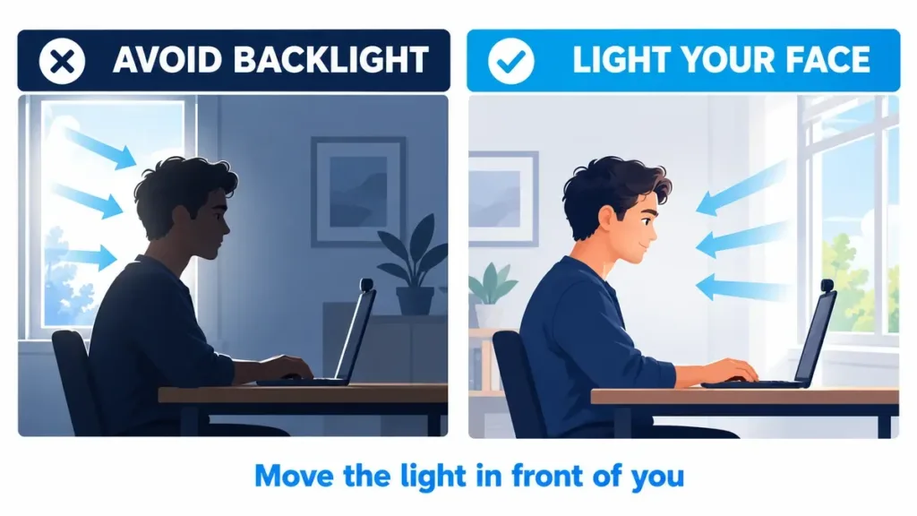Diagram showing why a window in front lights the face more effectively than a window behind