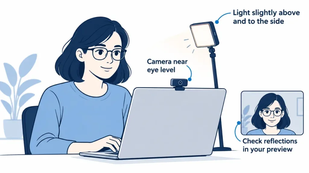 Diagram of a webcam near eye level and a light above and to one side to check glasses reflections
