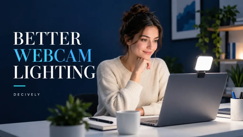Illustration of a home-office video call with soft light directed toward the face