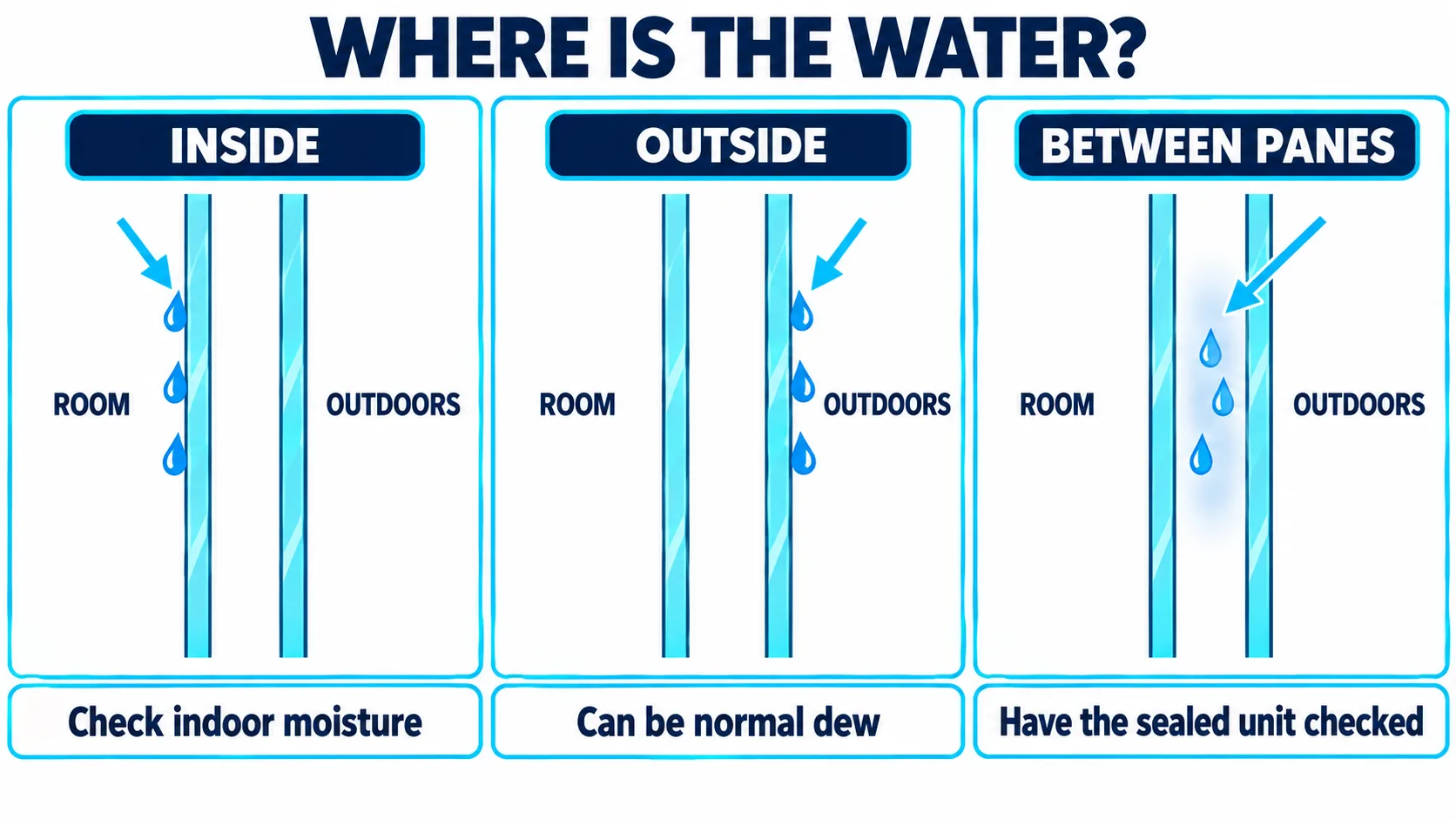 Inside, outside and between-pane window condensation, showing which glass surface holds the moisture.