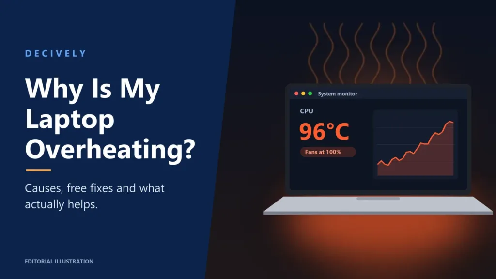 Why is my laptop overheating? Illustration of a laptop showing 96°C with heat rising
