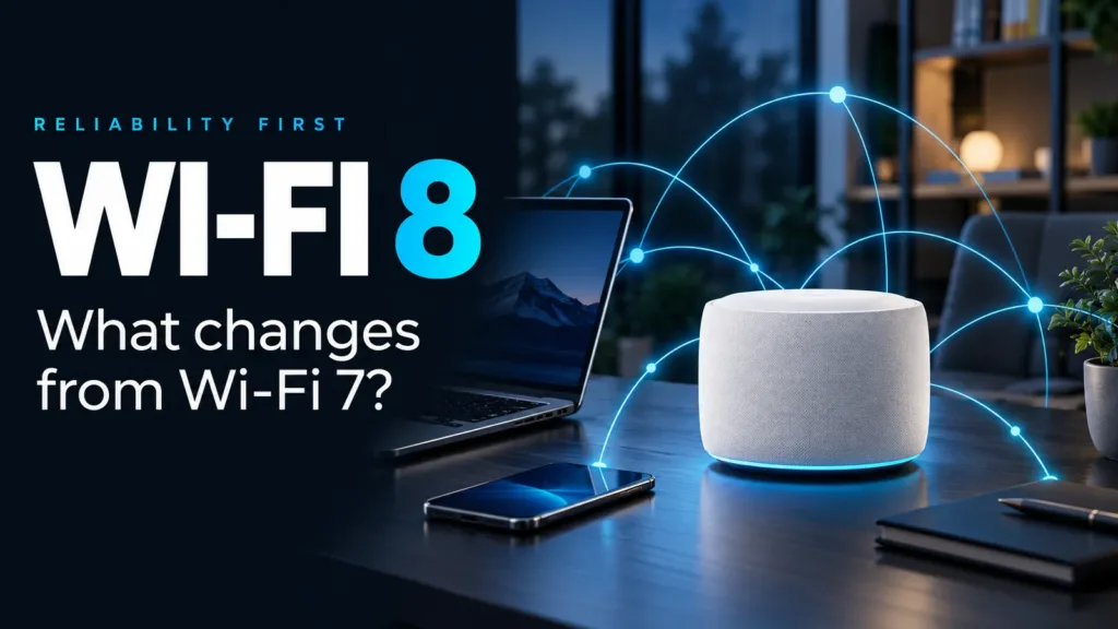 Wi-Fi 8 versus Wi-Fi 7 editorial illustration with a conceptual access point and connected devices.