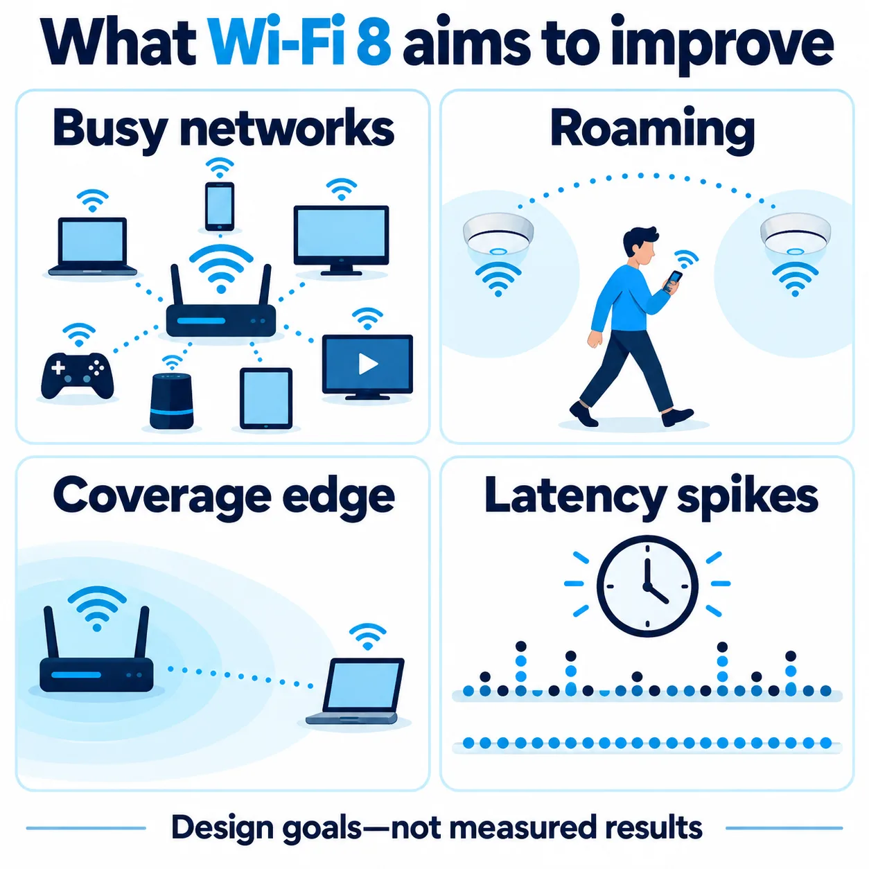 Wi-Fi 8 design goals: better performance in busy networks, during roaming, at coverage edges and during latency spikes.