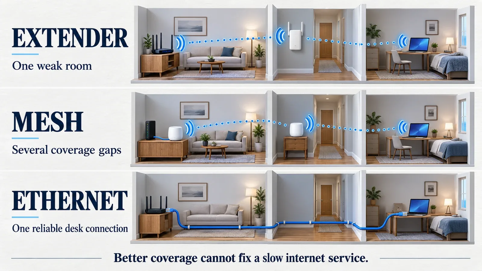 Illustrated connections for a Wi-Fi extender, mesh system and Ethernet cable; each solves a different coverage problem.