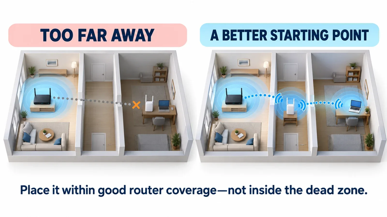 An extender in a dead zone versus one positioned where the router signal is still strong; placement illustration.