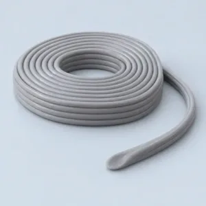 Illustration of pliable gray caulking cord with a flattened end, not a product photograph.