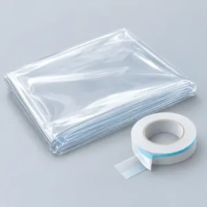 Illustration of transparent window insulation film and mounting tape, not a product photograph.