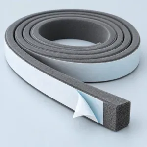 Illustration of a gray compressible weatherstrip with adhesive backing, not a product photograph.
