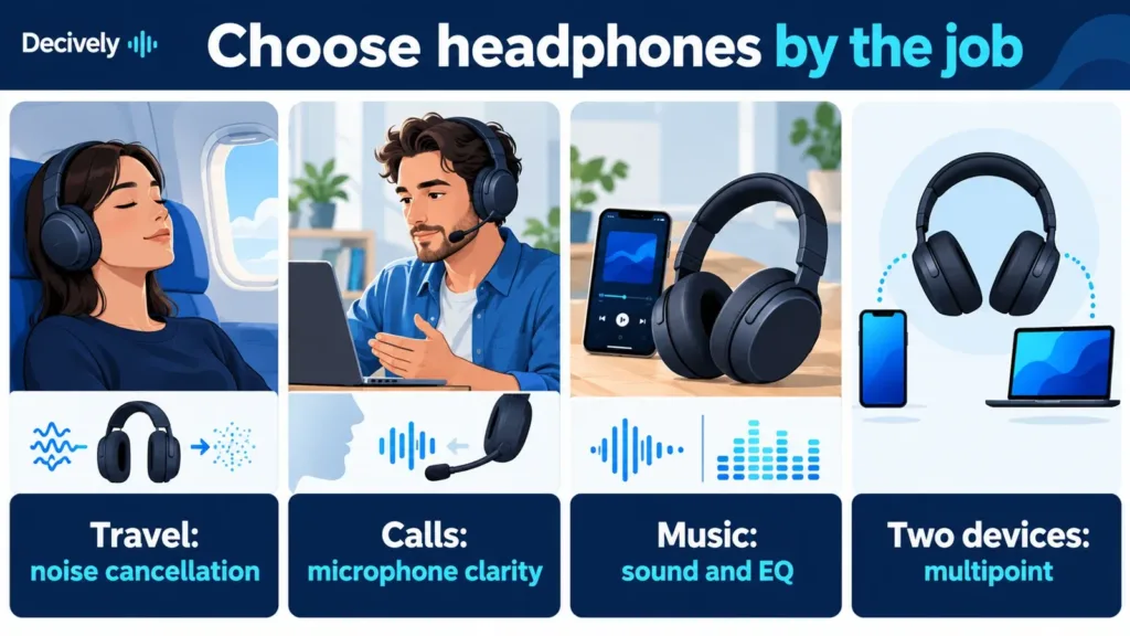 Four priorities for wireless headphones: travel noise cancellation, microphone clarity for calls, music EQ and multipoint device switching.