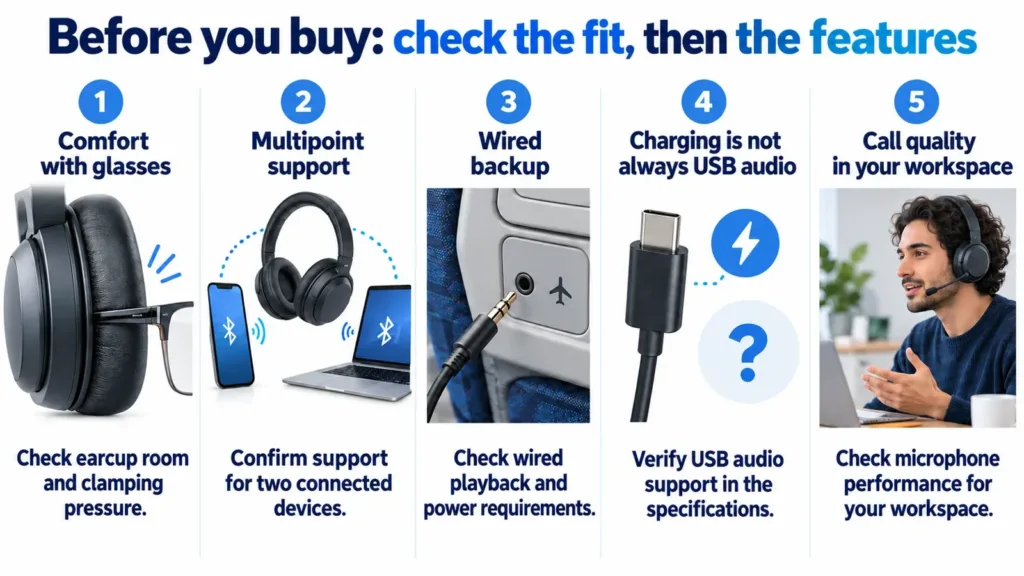 Five buying checks: comfort with glasses, multipoint support, wired playback requirements, USB audio support and microphone performance.
