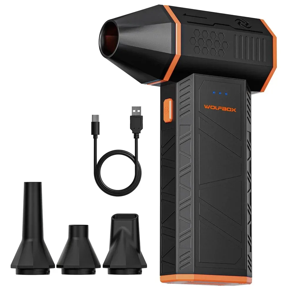 WOLFBOX MegaFlow 50 rechargeable electric air duster with charging cable and three nozzles.